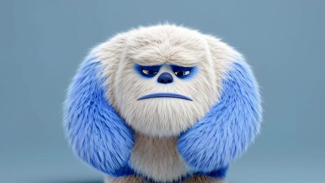 Animated blue yeti character displaying a range of emotions, transitioning from a serious expression to a concerned look, and finally to an angry demeanor, showcasing expressive character design and a