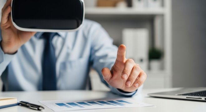Adult caucasian male using vr headset for business presentation - Powered by Adobe