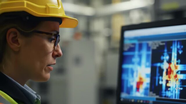 Industrial female engineer in a hard hat and safety vest analyzing a thermal scan on a computer screen