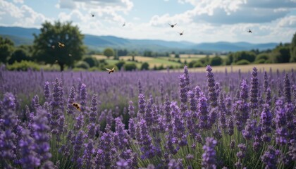 Lavender Field Blooms, Honeybees in Flight, Scenic Landscape