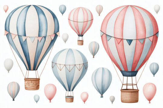 Watercolor illustration of hot air balloons in various colors and patterns isolated on white background - Powered by Adobe
