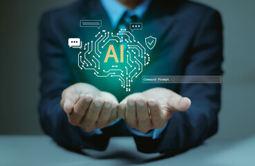 AI brain hologram. The interface includes a command prompt, symbolizing interaction with artificial intelligence for communication and security.