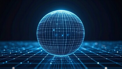 Futuristic glowing blue wireframe sphere on digital grid background with neon light effect.