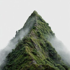 Misty mountain peak, lush green slopes