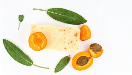 Soap bar and apricots with sage leaves, arranged on a stark white background. Flatlay perspective