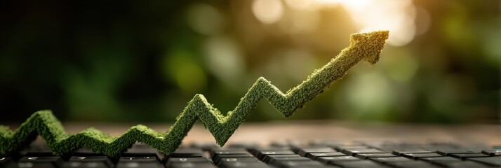 A green, upward arrow made of grass grows over a keyboard, symbolizing growth and success in a natural and digital environment.