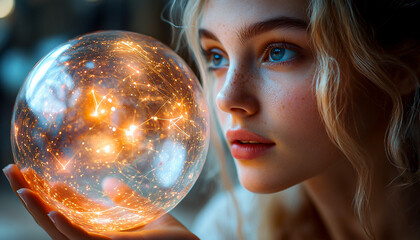 Naklejka premium Enchanted Woman Gazing at Glowing Crystal Ball