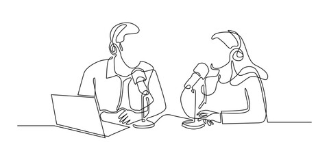 Continuous line drawing of a man and woman podcasting together with microphones and headphones.Minimalist illustration of talk show, interview, online streaming and digital content