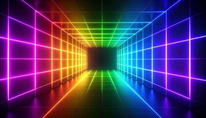 Futuristic neon rainbow grid tunnel with glowing lines and dark background.