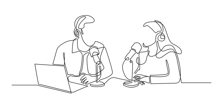 Continuous line drawing of a man and woman podcasting together with microphones and headphones.Minimalist illustration of talk show, interview, online streaming and digital content