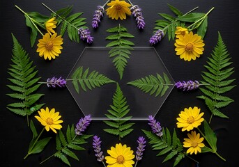 An artistic flat lay of assorted flowers and foliage—yellow blossoms, purple lavender, and fern leaves—arranged symmetrically on a black surface.