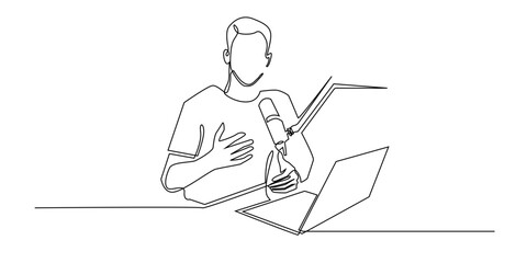 Continuous line drawing of a man recording podcast with microphone and laptop. Minimalist illustration of content creator, radio host, or influencer broadcasting online show, talk, or interview.