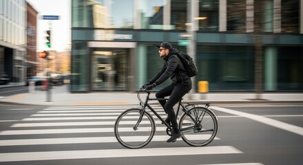Young caucasian male cycling across city crosswalk in urban setting