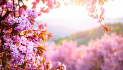 Soft focus on blooming cherry blossoms with pink flowers and foliage, bright sunlight, and a landscape background