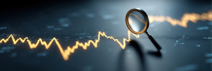 A magnifying glass focuses on a fluctuating line graph, symbolizing analysis and scrutiny in data trends and financial metrics.