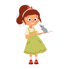 Smiling girl holding cute gray pet rat in her hands. Vector illustration of happy child and small animal friend. Cartoon character for kids design, poster, print and educational materials