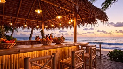 Tropical Beach Bar at Sunset: Paradise Getaway