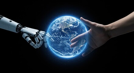 Human and robotic hands reaching for an Earth globe floating in dark space