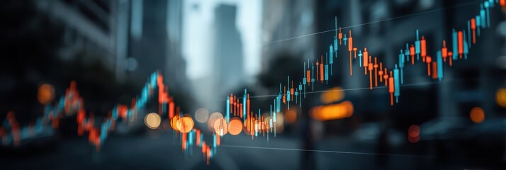 A blurred cityscape background with a vibrant financial chart overlay, showcasing trends and data fluctuations in a modern urban setting.
