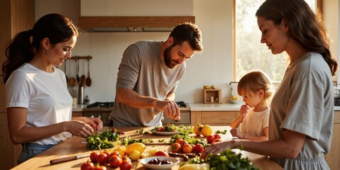 a family preparing food in the kitchen