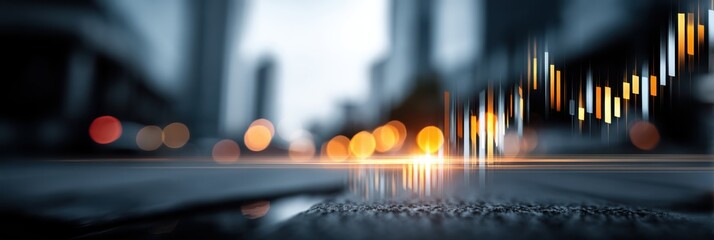 A blurred cityscape with vibrant light streaks and a financial chart overlay, symbolizing growth and dynamic urban life.
