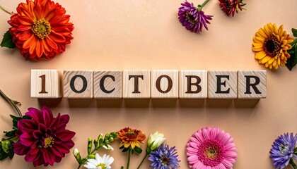 Wooden Blocks with Date 1 October. Floral Calendar – Vibrant Flowers on Solid Colored Background