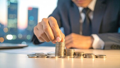 Businessman stacks coins to create financial growth bars against a cityscape backdrop. Focus is on the hand gently placing the next coin atop the pillar