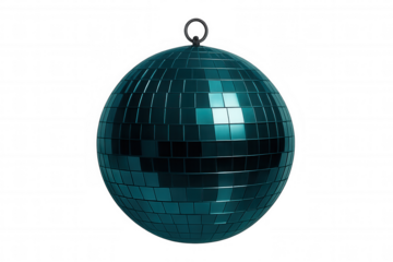 Glittering blue disco ball reflecting colorful light rays, spinning against transparent background for festive party graphics