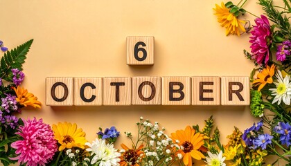 Wooden Blocks with Date 6 October. Floral Calendar – Vibrant Flowers on Solid Colored Background