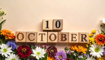 Wooden Blocks with Date 10 October. Floral Calendar – Vibrant Flowers on Solid Colored Background