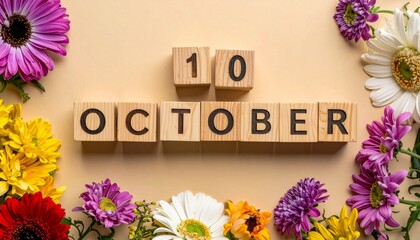 Wooden Blocks with Date 10 October. Floral Calendar – Vibrant Flowers on Solid Colored Background