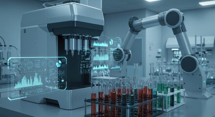 A robotic arm in a lab performs experiments with digital data overlaying the scene