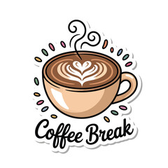 Obraz premium Coffee break with latte art and colorful confetti on white background hot drink