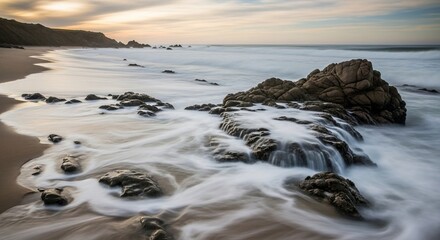 Obraz premium Long exposure shot of ocean waves flowing over dark rocks on a sandy beach under a cloudy sky at sunset or sunrise.