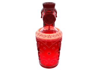 A detailed 3d rendering of a captivating, ornate, red potion bottle against a black backdrop.