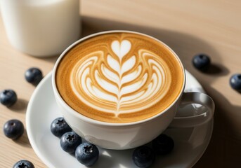 Close-up of a latte with leaf-patterned foam art in a white porcelain cup and saucer. Blueberries are scattered around the saucer and tabletop