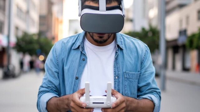 Man using vr headset outdoors