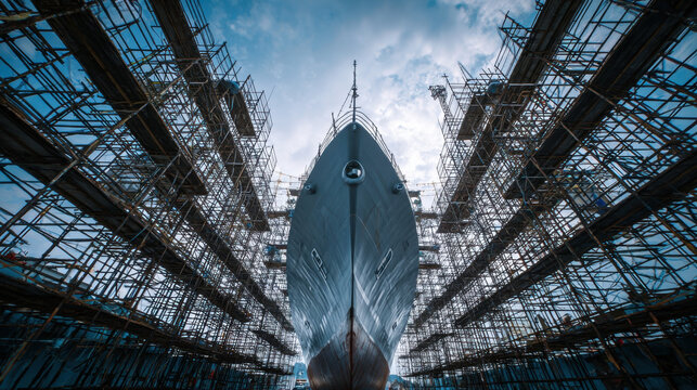 Frontal view of naval frigate in drydock framed by extensive scaffolding, showing hull symmetry and shipyard construction atmosphere