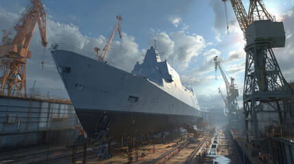 Naval frigate hull in dry dock surrounded by cranes and scaffolding under dramatic sky during construction phase