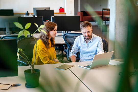 Colleagues collaborating in modern office using laptop