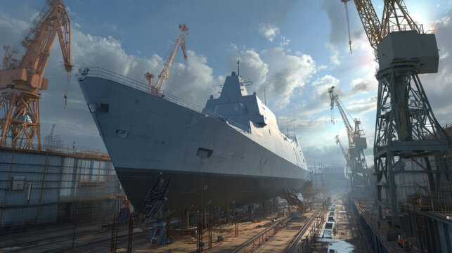 Naval frigate hull in dry dock surrounded by cranes and scaffolding under dramatic sky during construction phase