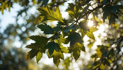Luminous Hawthorn Leaves Backlit by a Gentle Sun Flare and Bokeh