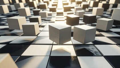Monochromatic 3D cubes densely packed in an abstract metallic landscape with high contrast lighting