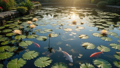 Luminous Koi Pond with Water Lilies and Fish Bathed in Golden Sunlight