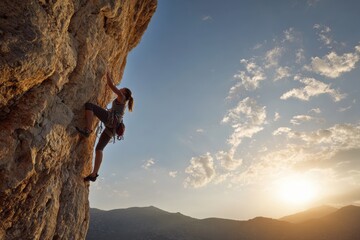 Inspirational Rock Climb: Female Climber Achieving the Summit Alone against the Cliff
