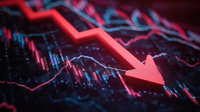 Close-up OLED display with large red downward arrow and layered stock charts showing economic risk and bearish signals