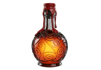 A detailed illustration of a glass bottle, ornate with swirling patterns, showcasing a warm amber glow and dripping red liquid.