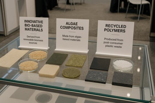 Display of innovative bio-based materials, algae composites, and recycled polymers showcased on a transparent table in a modern expo.