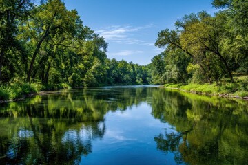 Iowa River in Mason City East Park. Serene Water and Forest Landscape under Summer Sky