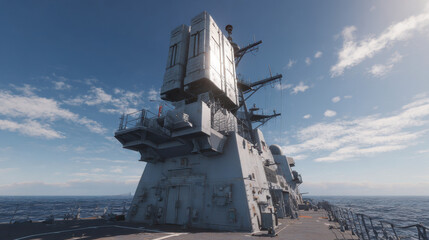 Warship at sea with large missile defense system installed on deck under blue sky